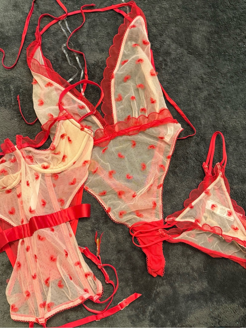 Victoria's Secret 4-piece Set Sheer Heart Mesh Lingerie